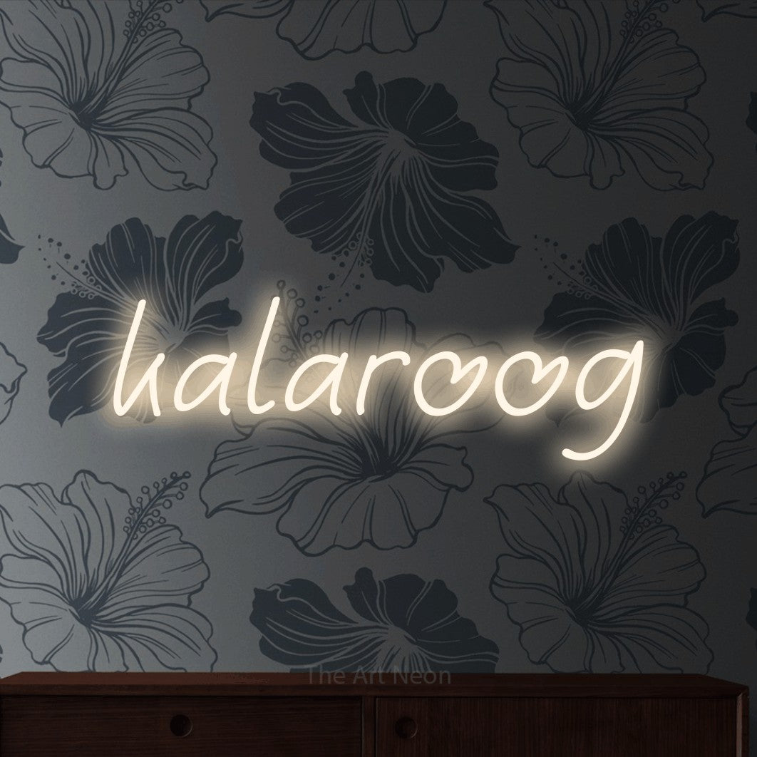 LED neon sign reading “kalaroog”, arranged in a single line.