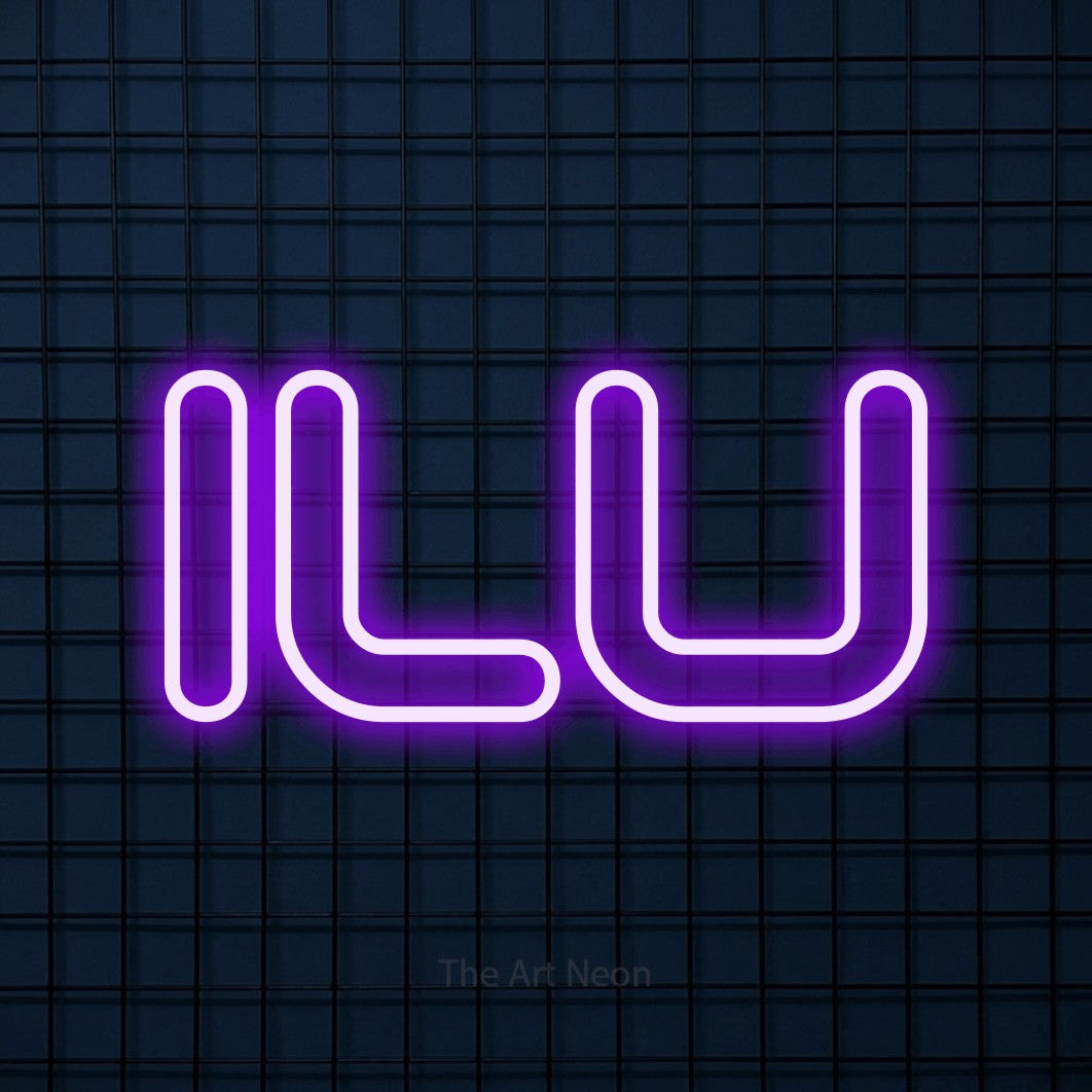 LED neon sign reading “ILU”, arranged in a single line.