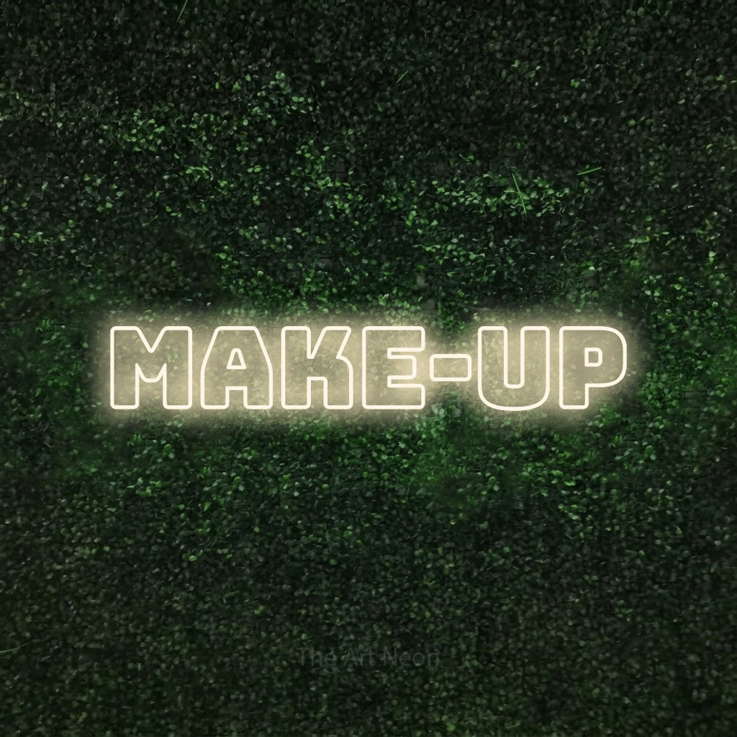 LED neon sign reading “Make-up”, arranged in a single line.