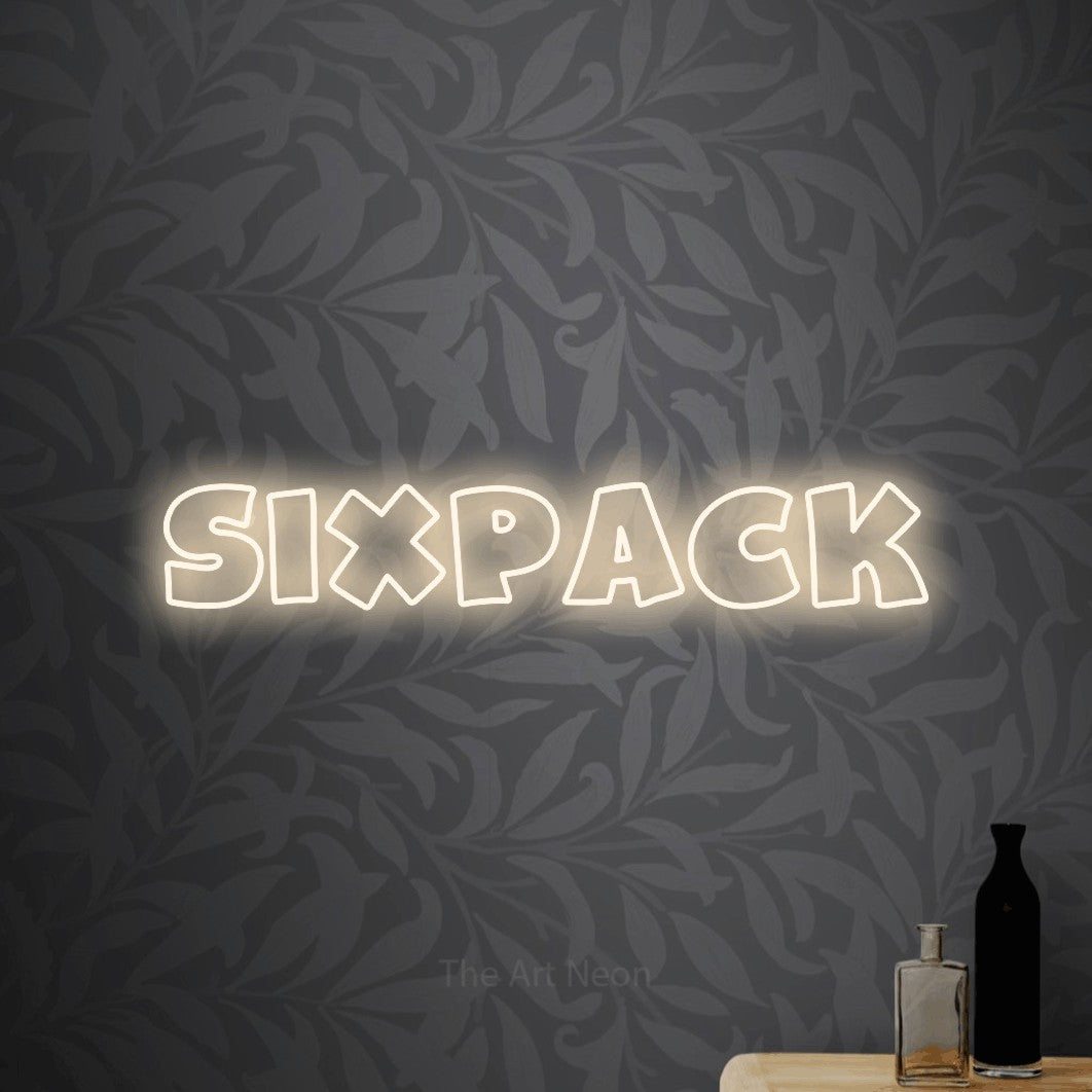 LED neon sign reading “sixpack”, arranged in a single line.