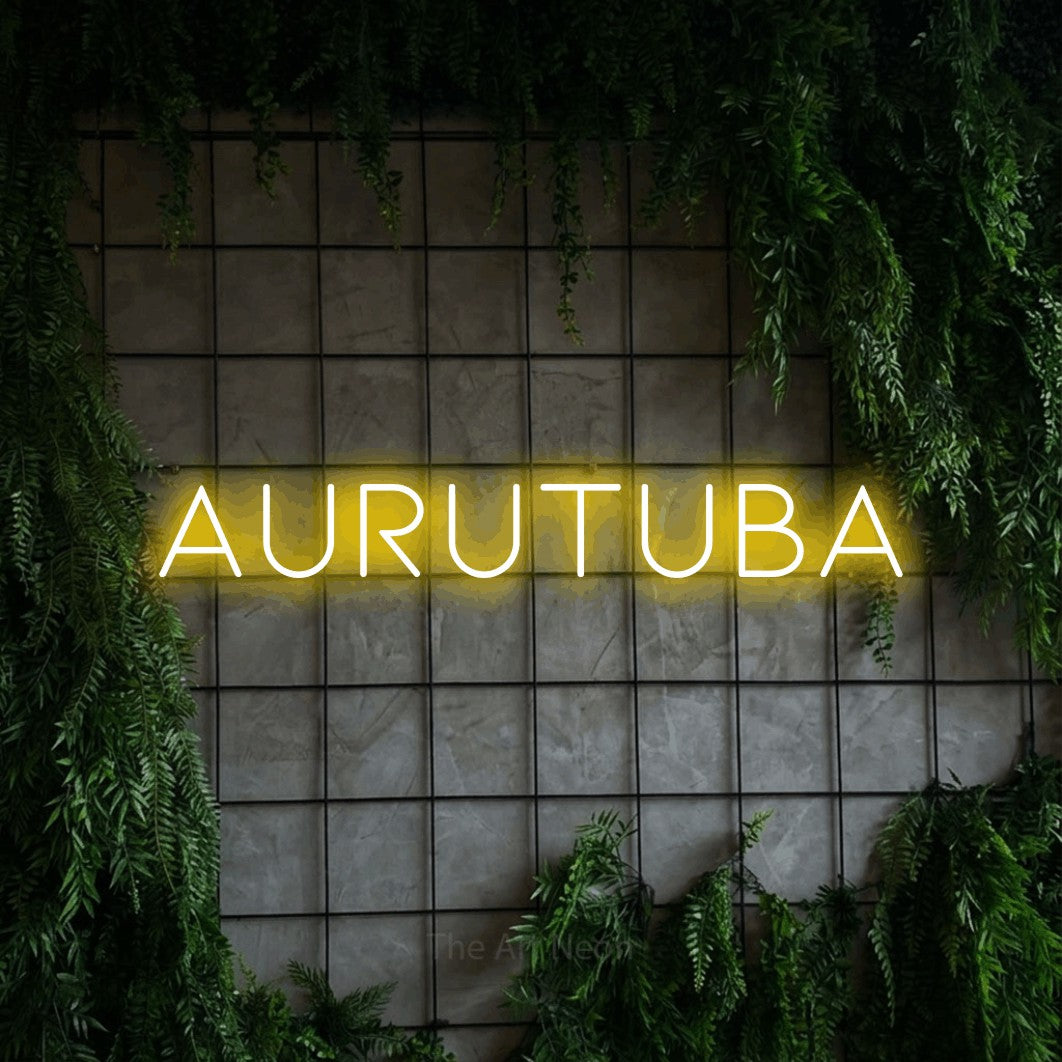 LED neon sign reading “AURUTUBA”, arranged in a single line.
