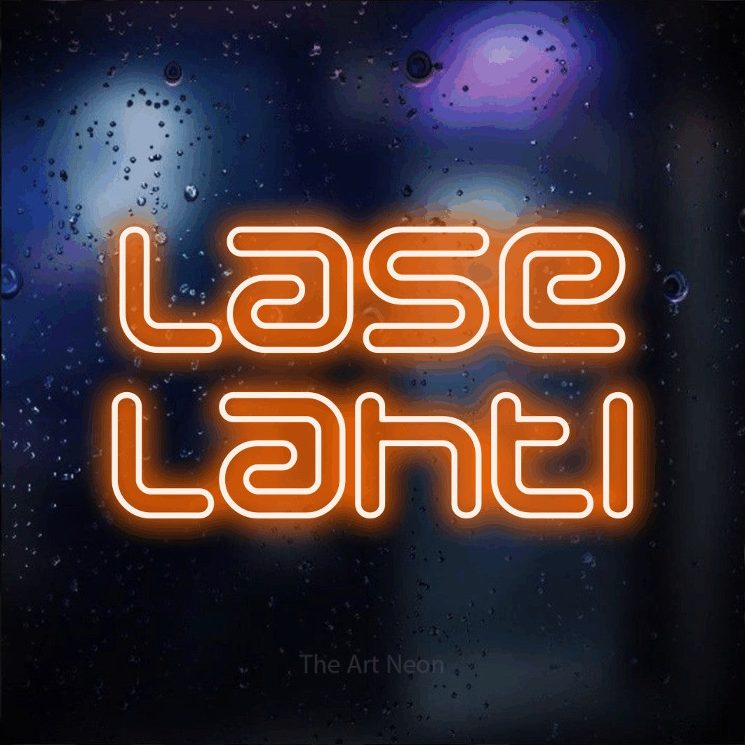 LED neon sign reading “Lase Lahti”, arranged in 2 lines.