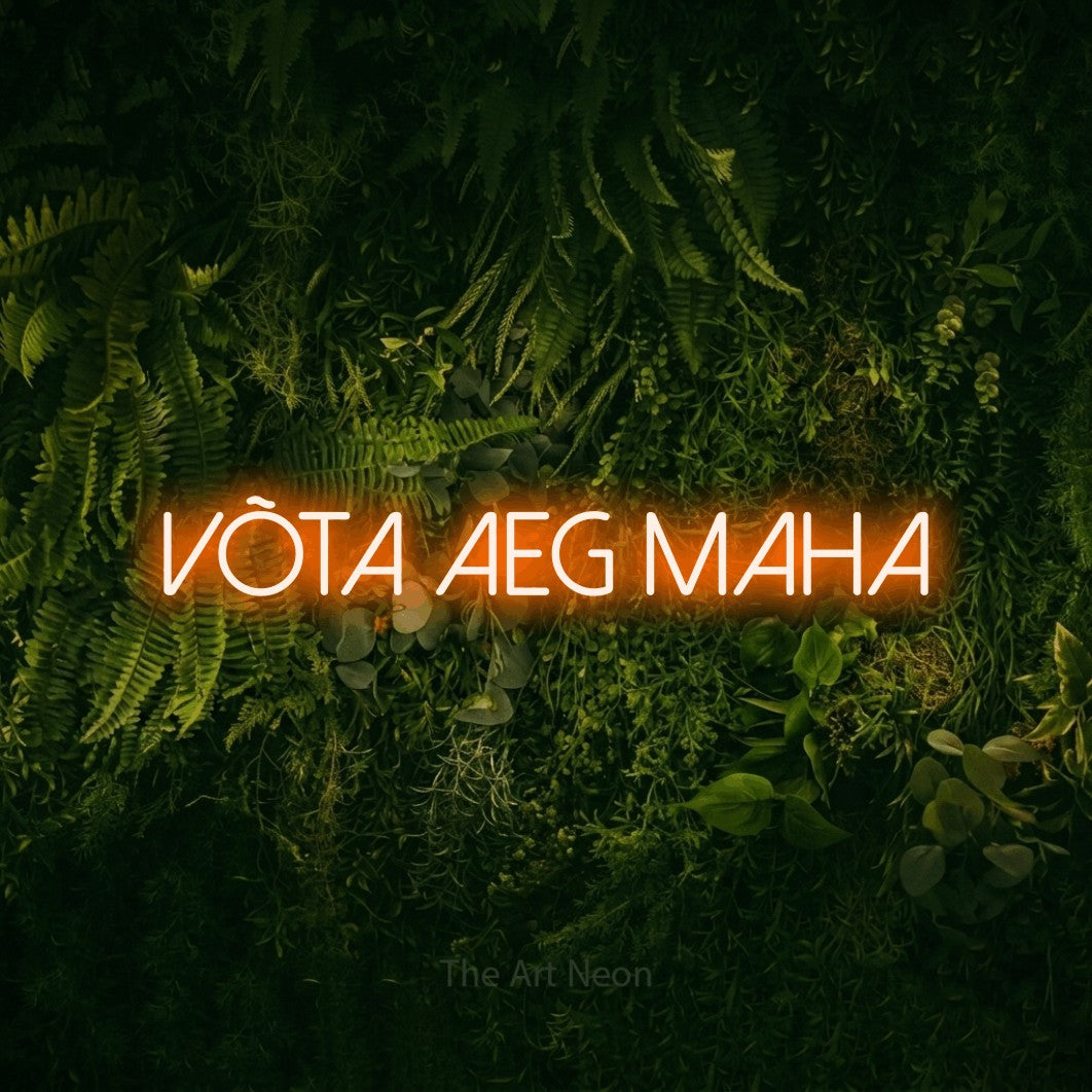 LED neon sign reading “võta aeg maha”, arranged in a single line.