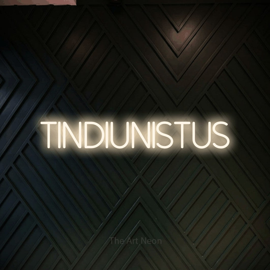 LED neon sign reading “TINDIUNISTUS”, arranged in a single line.