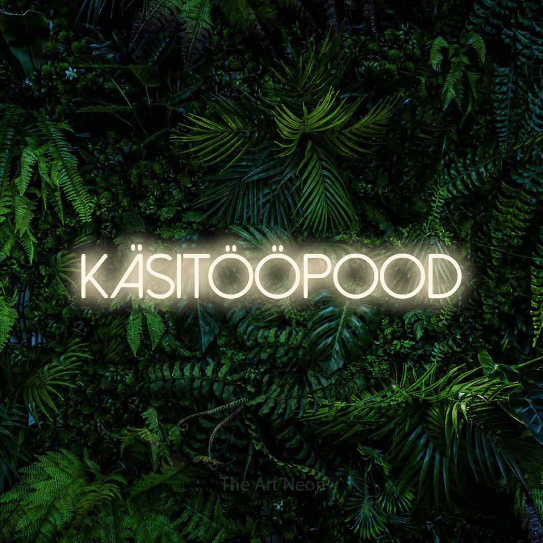 LED neon sign reading “käsitööpood”, arranged in a single line.
