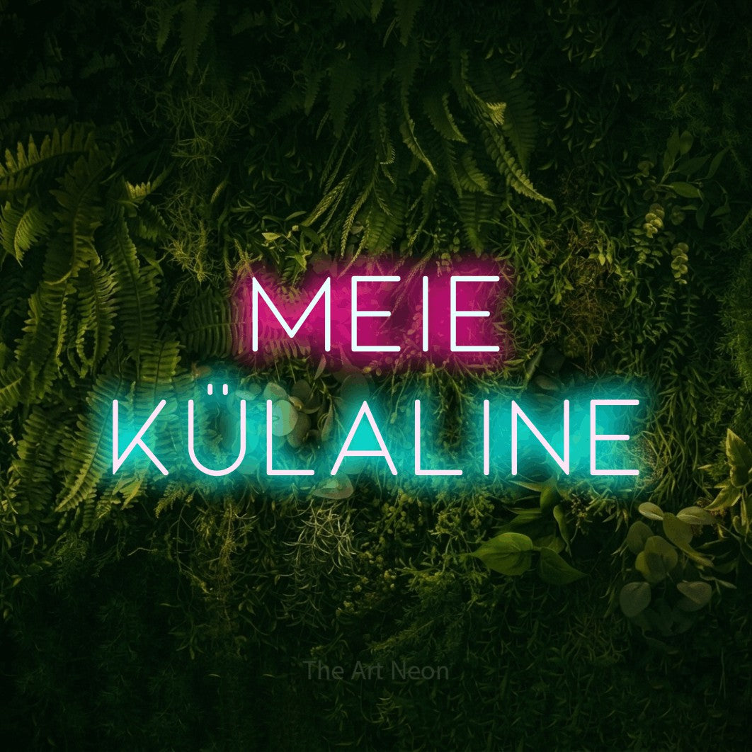 LED neon sign reading “meie külaline”, arranged in two lines.