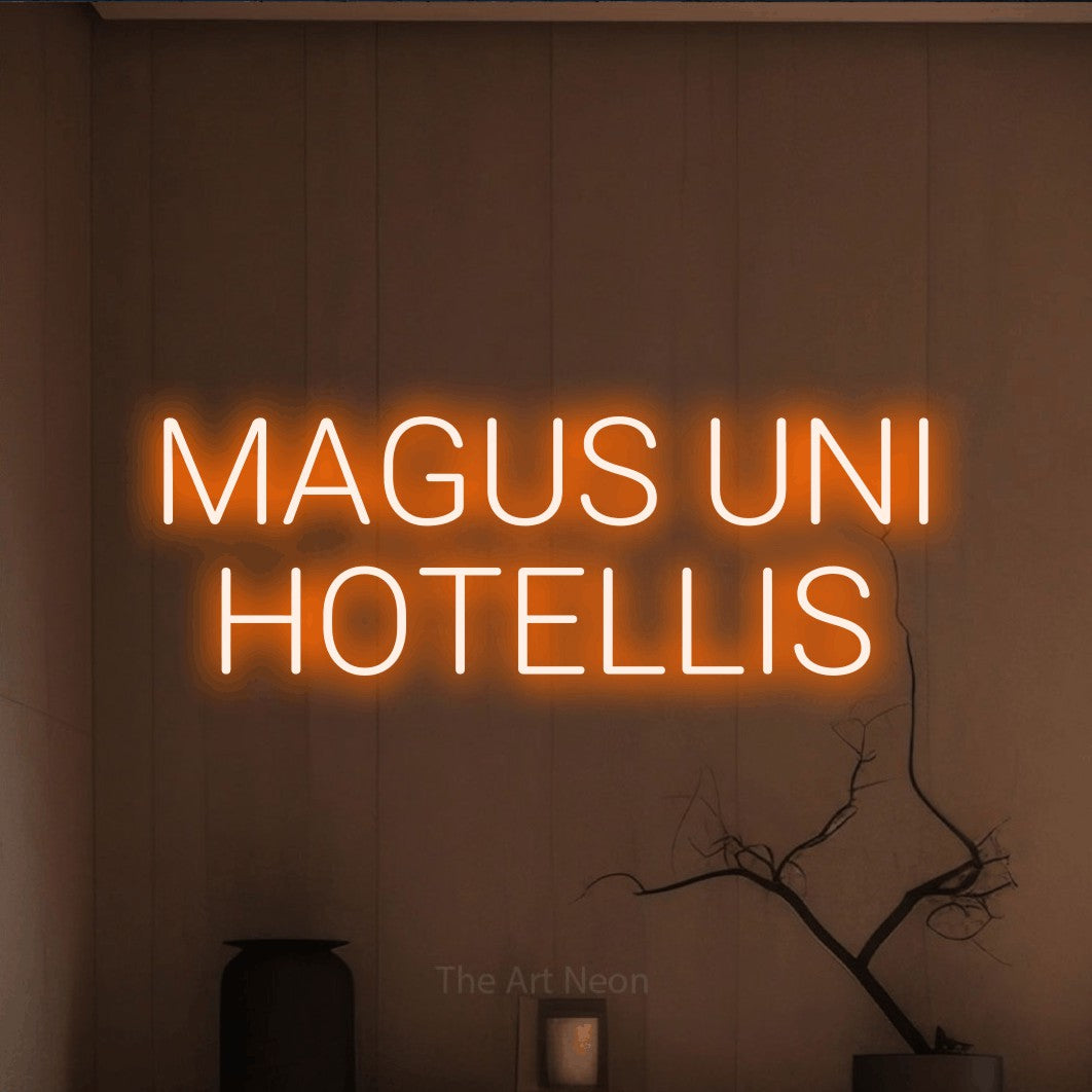 LED neon sign reading “MAGUS UNI HOTELLIS”, arranged in two lines.