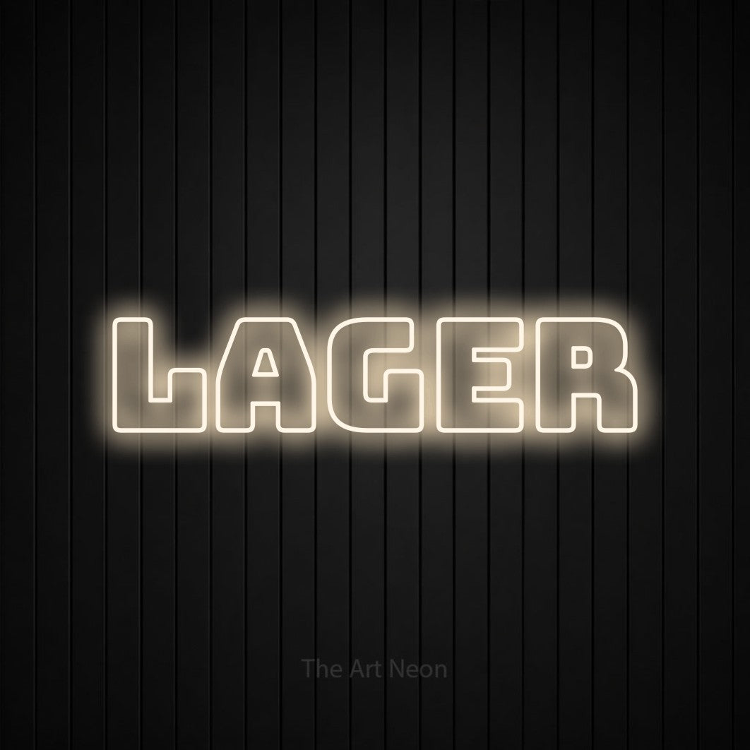 LED neon sign reading “lager”, arranged in a single line.