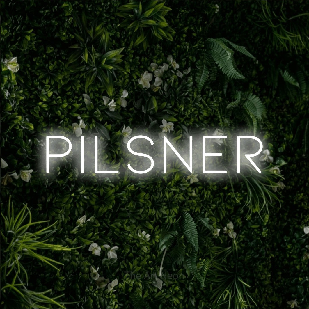 LED neon sign reading “Pilsner”, arranged in a single line.