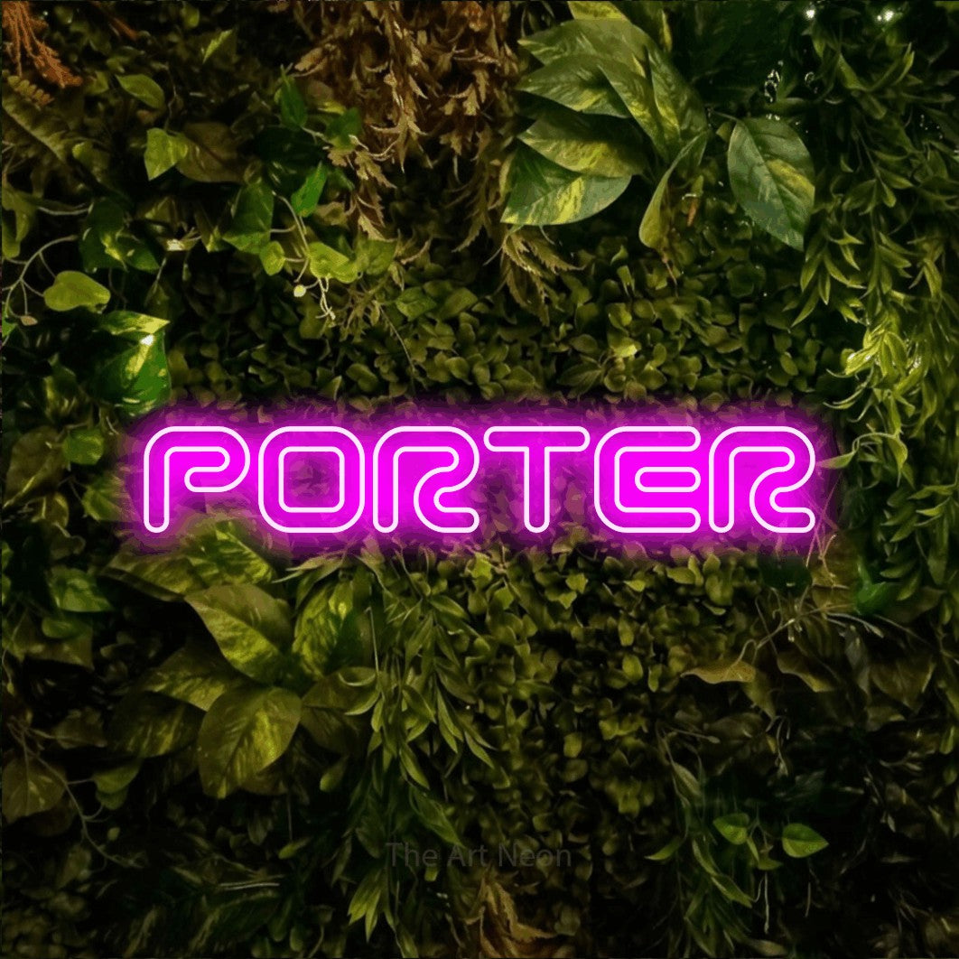 LED neon sign reading “PORTER”, arranged in a single line.
