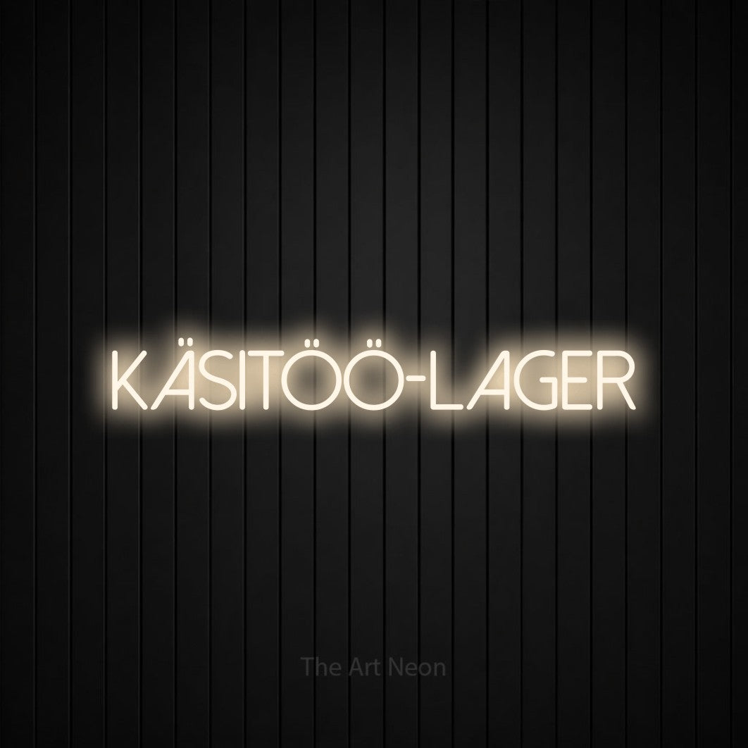 LED neon sign reading “käsitöö-lager”, arranged in a single line.