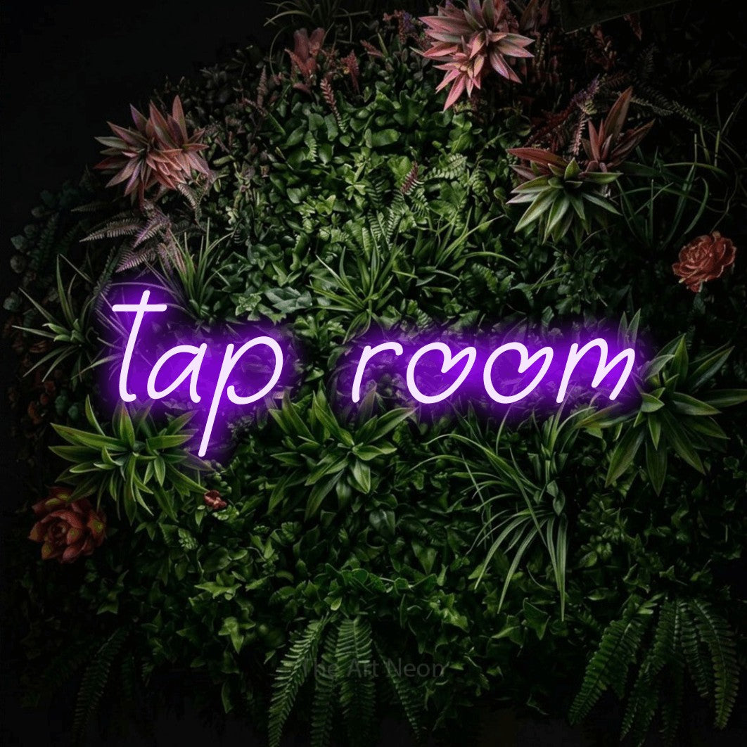 LED neon sign reading “tap room”, arranged in a single line.