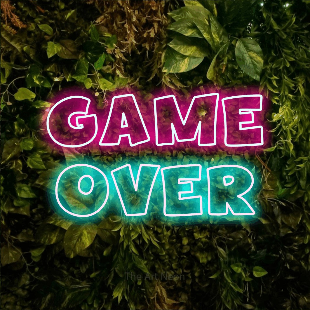 LED neon sign reading “GAME OVER”, arranged in two lines.