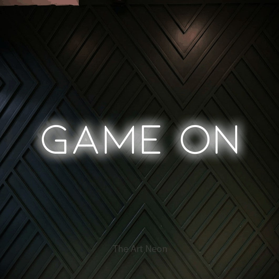 LED neon sign reading “Game On”, arranged in a single line.