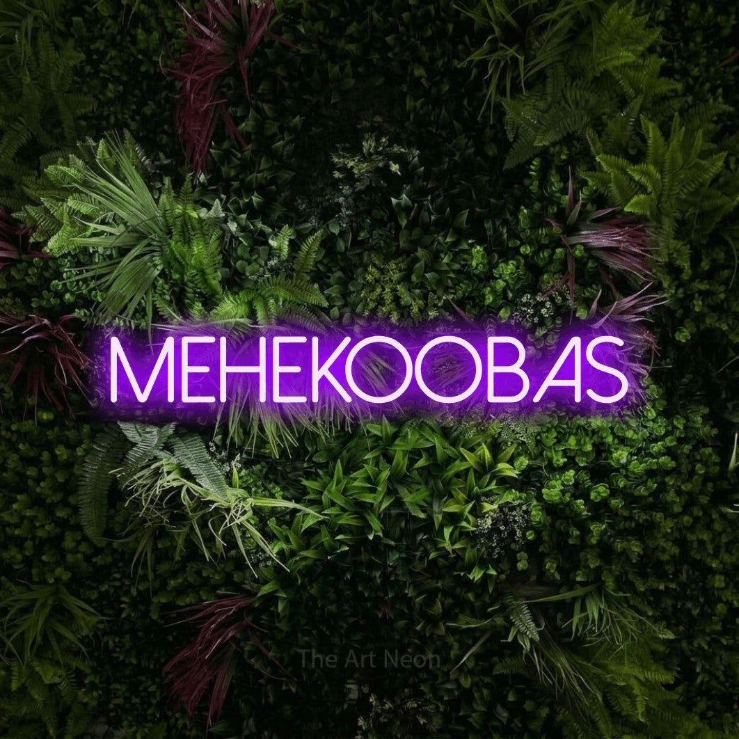 LED neon sign reading “MEHEKOOBAS”, arranged in a single line.