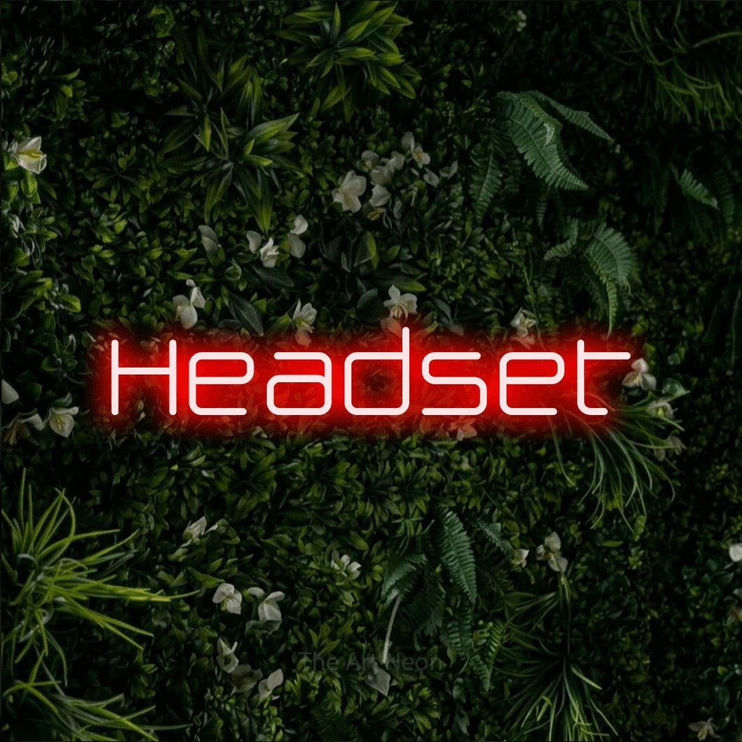 LED neon sign reading “Headset”, arranged in a single line.