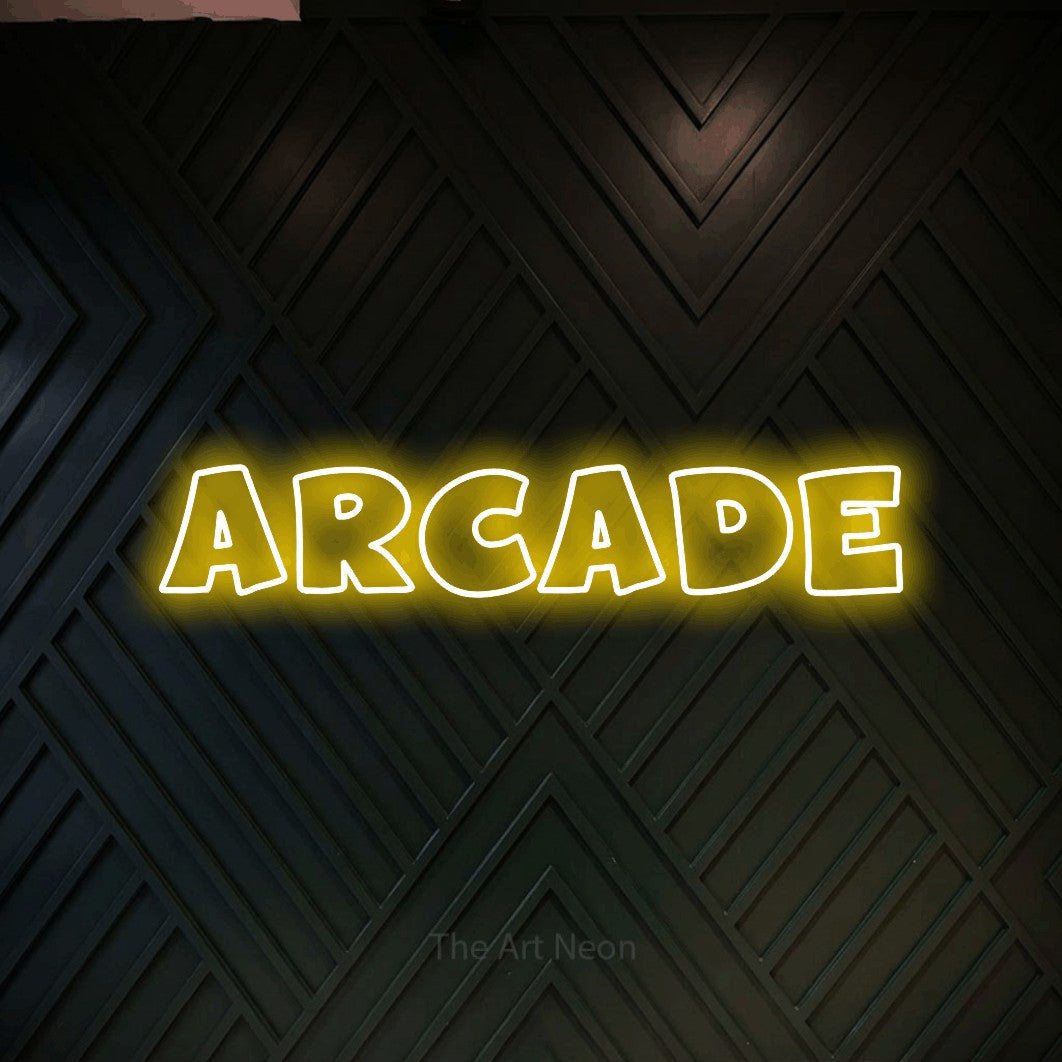 LED neon sign reading “ARCADE”, arranged in a single line.