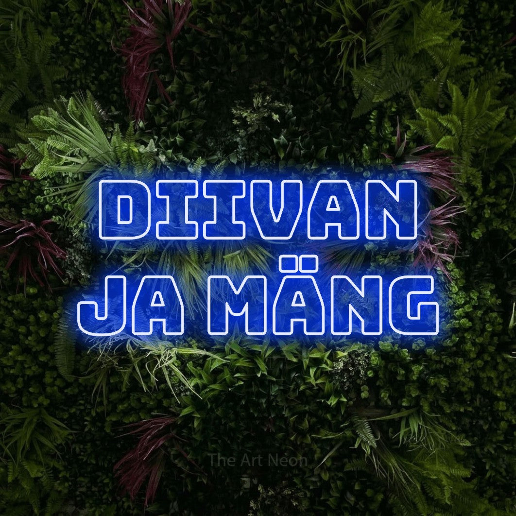LED neon sign reading “Diivan ja mäng”, arranged in two lines.