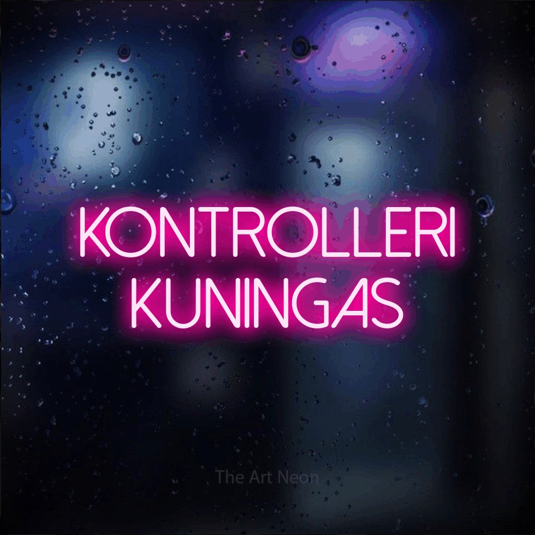 LED neon sign reading “KONTROLLERI KUNINGAS”, arranged in two lines.