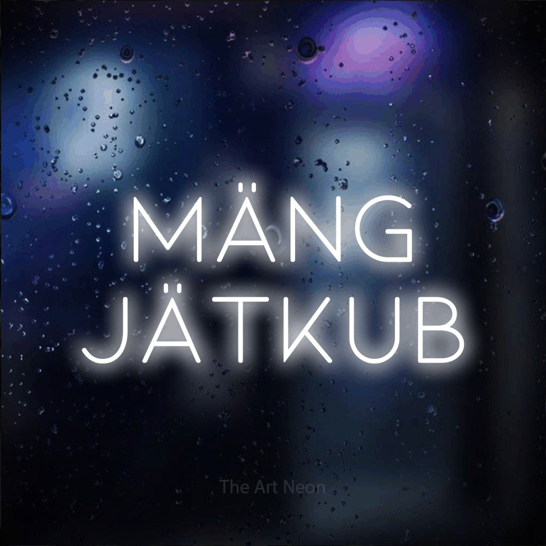 LED neon sign reading “MÄNG JÄTKUB”, arranged in two lines.