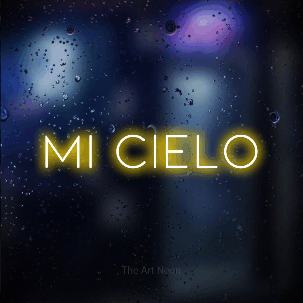 LED neon sign reading “mi CIELO”, arranged in a single line.