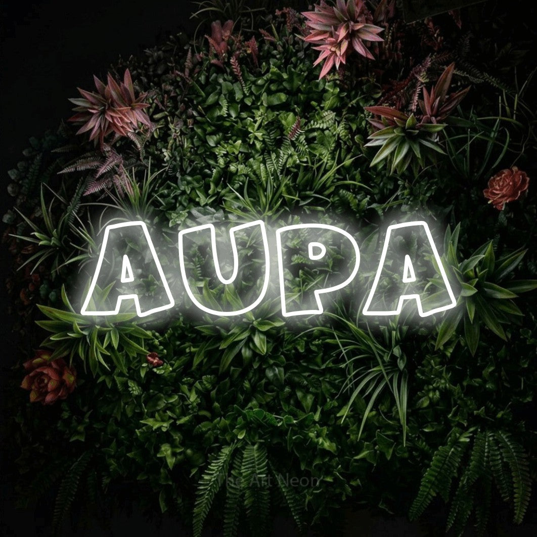 LED neon sign reading “aupa”, arranged in a single line.