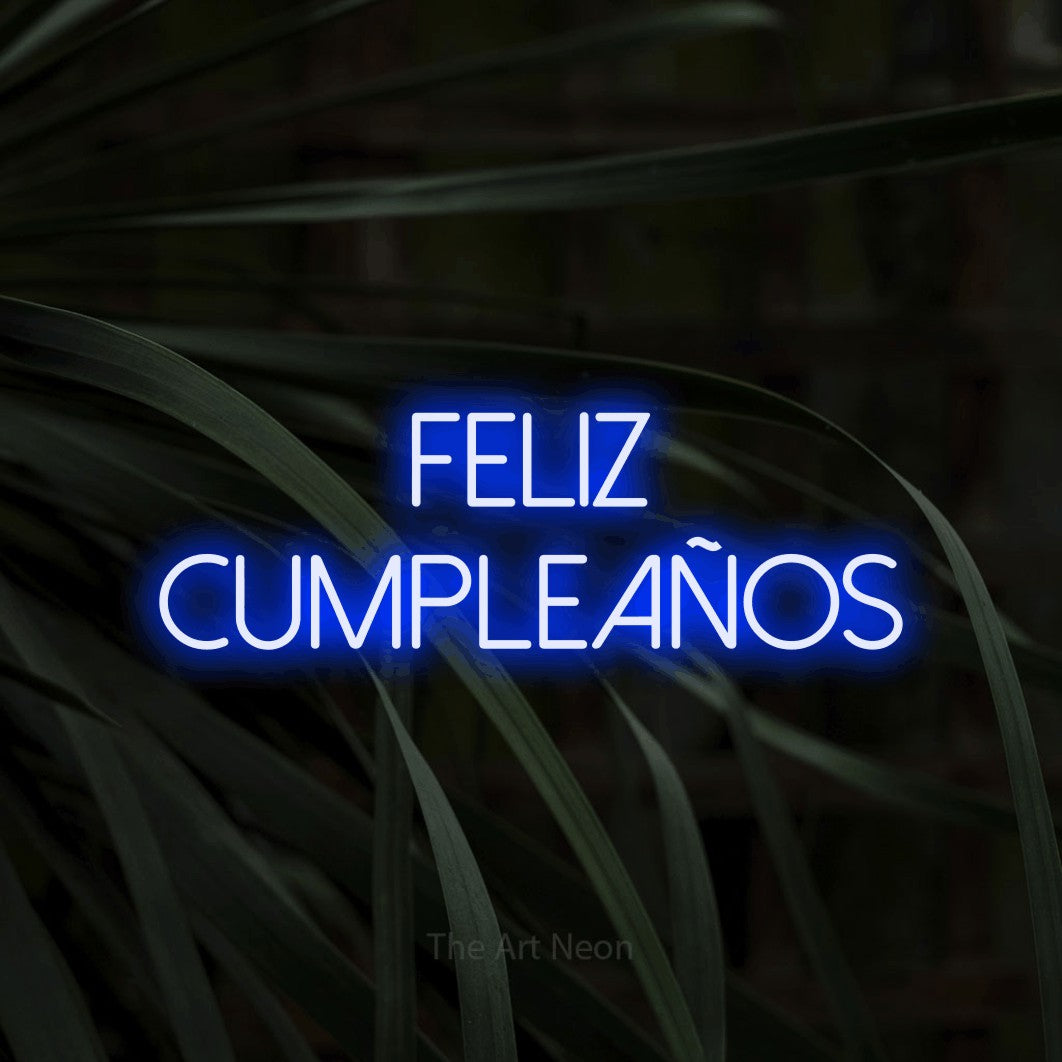 LED neon sign reading “FELIZ CUMPLEAÑOS”, arranged in 2 lines.