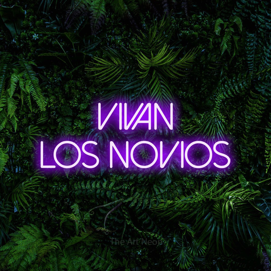 LED neon sign reading “Vivan los Novios”, arranged in 2 lines.