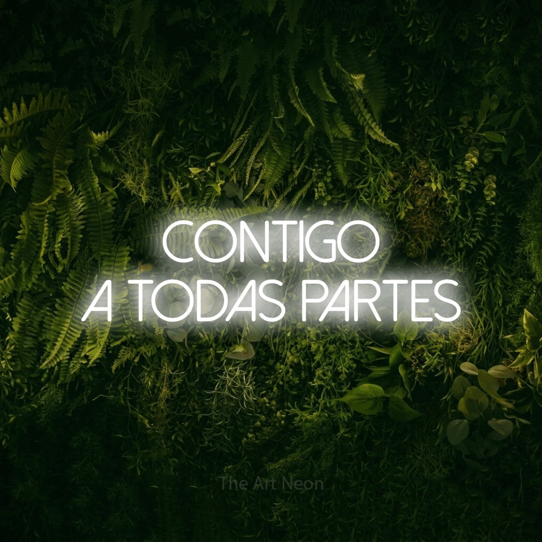 LED neon sign reading “contigo a todas partes”, arranged in 2 lines.