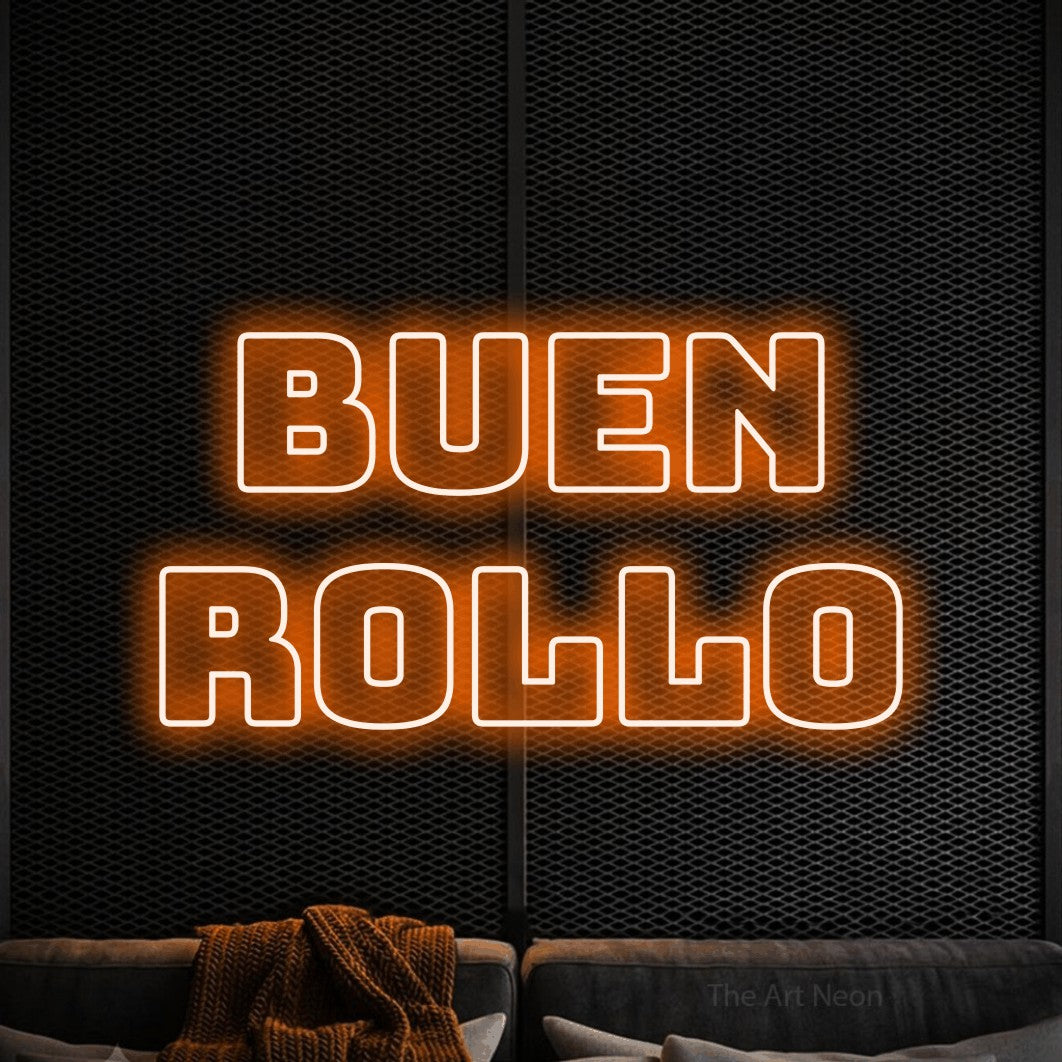 LED neon sign reading “Buen Rollo”, arranged in 2 lines.