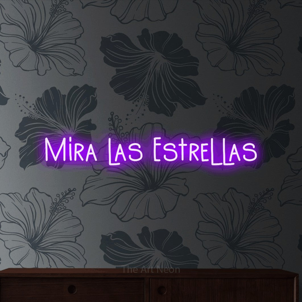 LED neon sign reading “Mira las Estrellas”, arranged in a single line.