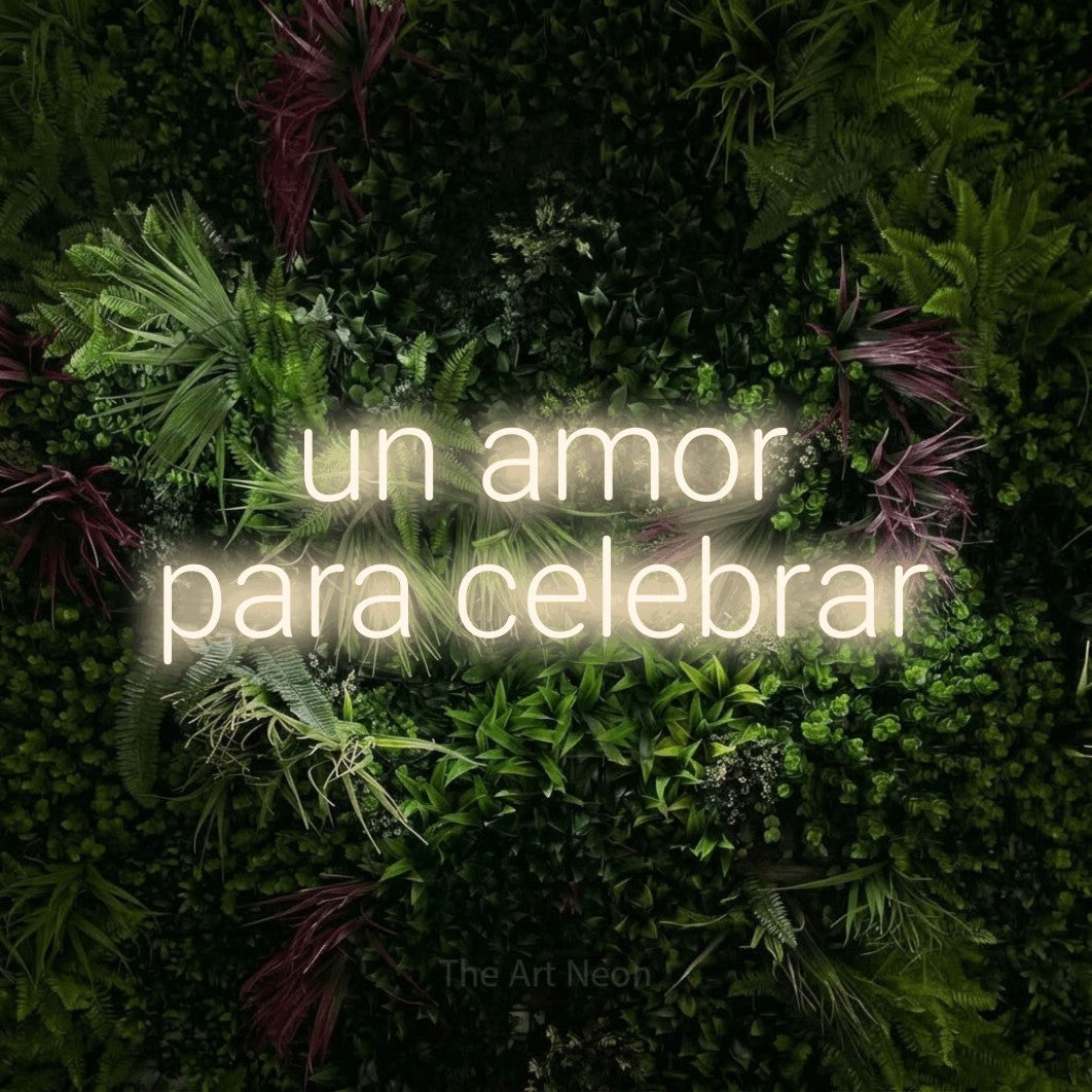 LED neon sign reading “un amor para celebrar”, arranged in 2 lines.