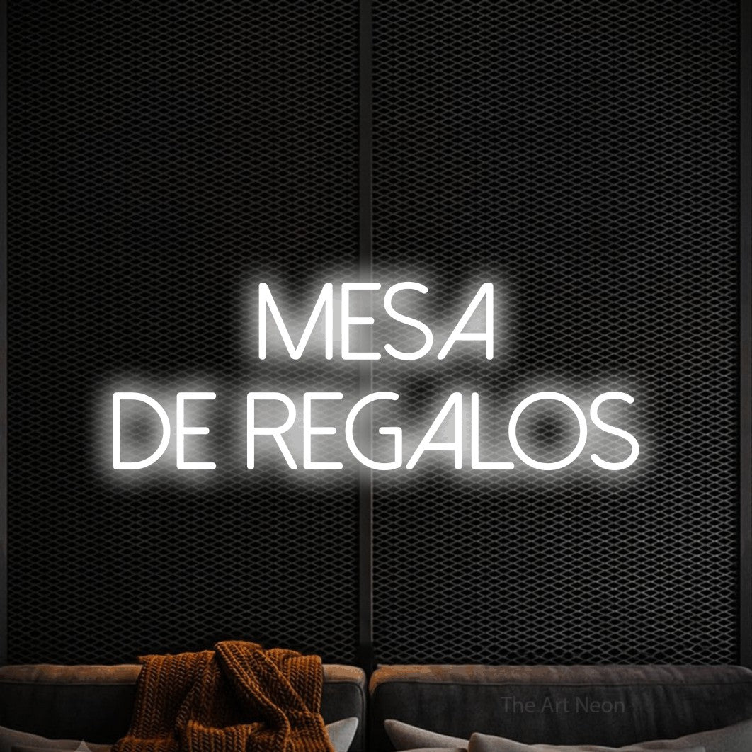 LED neon sign reading “Mesa de Regalos”, arranged in 2 lines.
