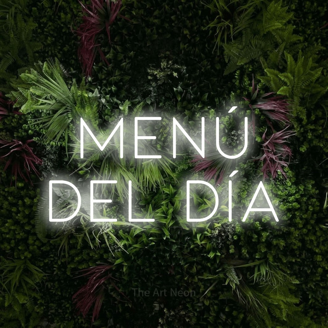 LED neon sign reading “Menú del Día”, arranged in 2 lines.