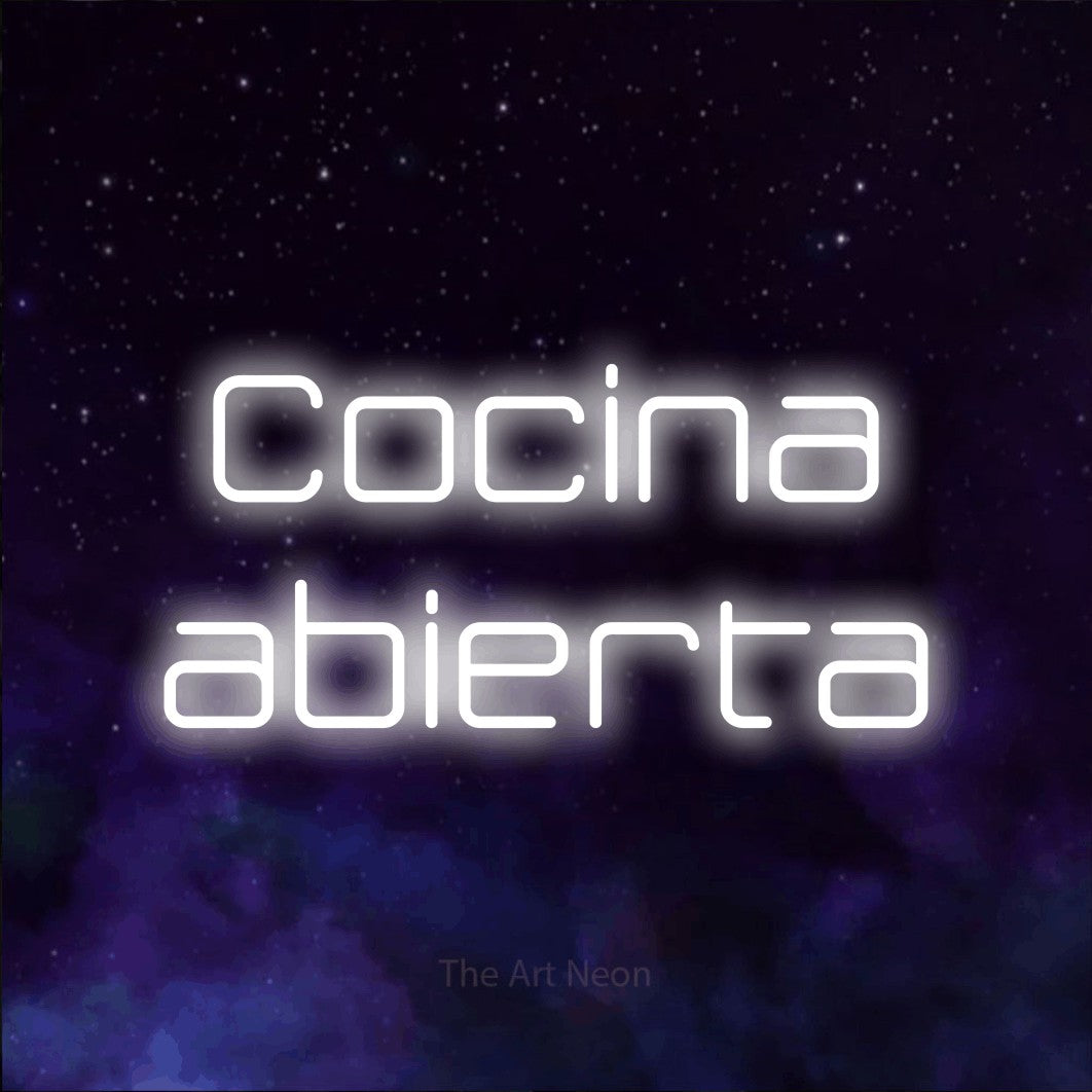LED neon sign reading “Cocina abierta”, arranged in 2 lines.