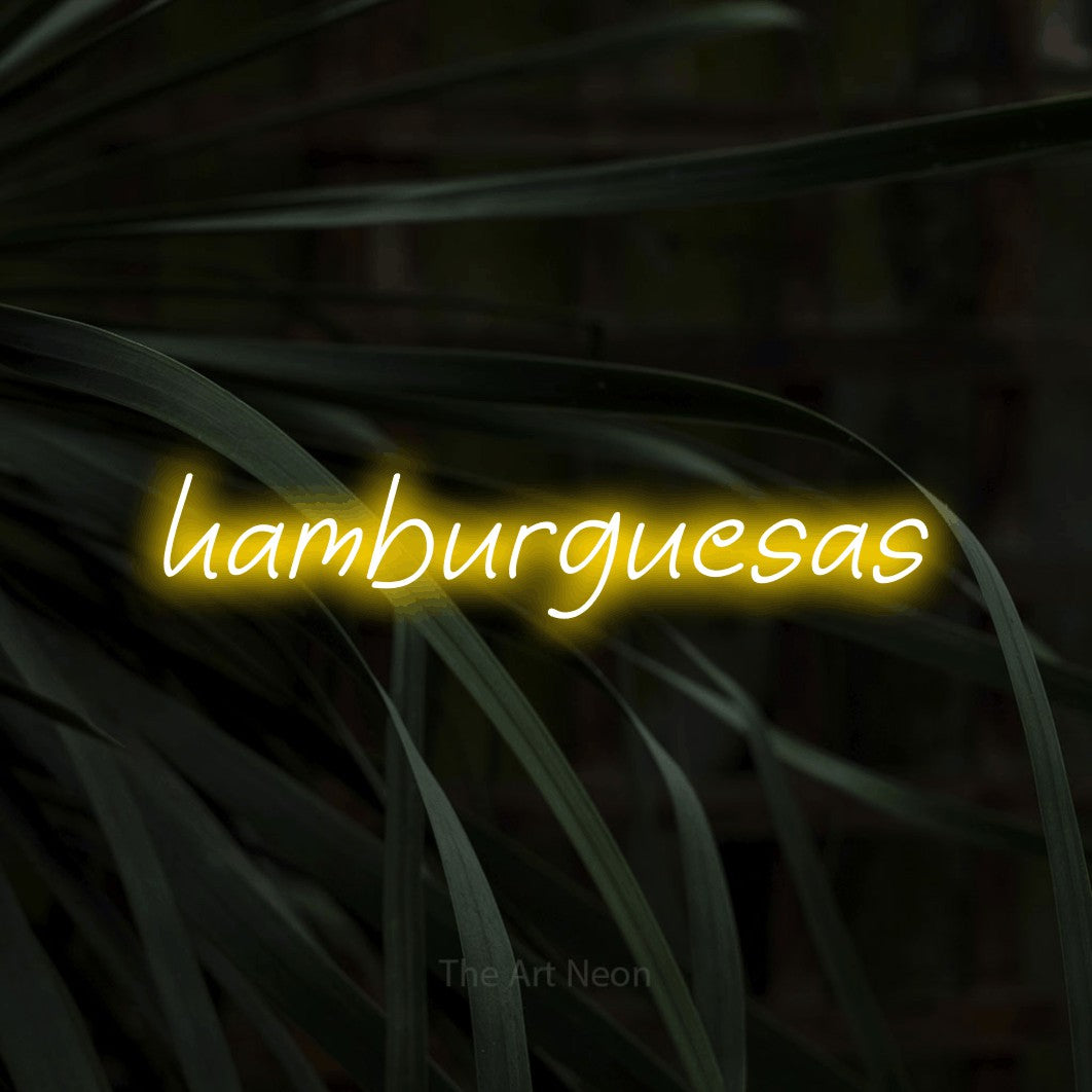 LED neon sign reading “hamburguesas”, arranged in a single line.
