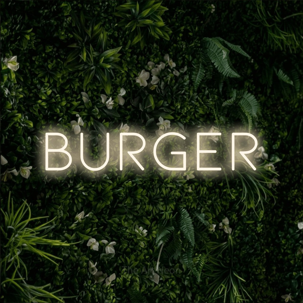 LED neon sign reading “BURGER”, arranged in a single line.