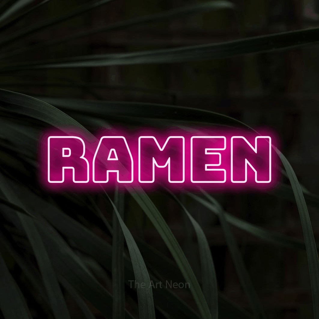 LED neon sign reading “ramen”, arranged in a single line.