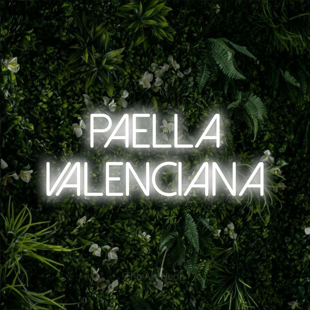 LED neon sign reading “Paella Valenciana”, arranged in 2 lines.