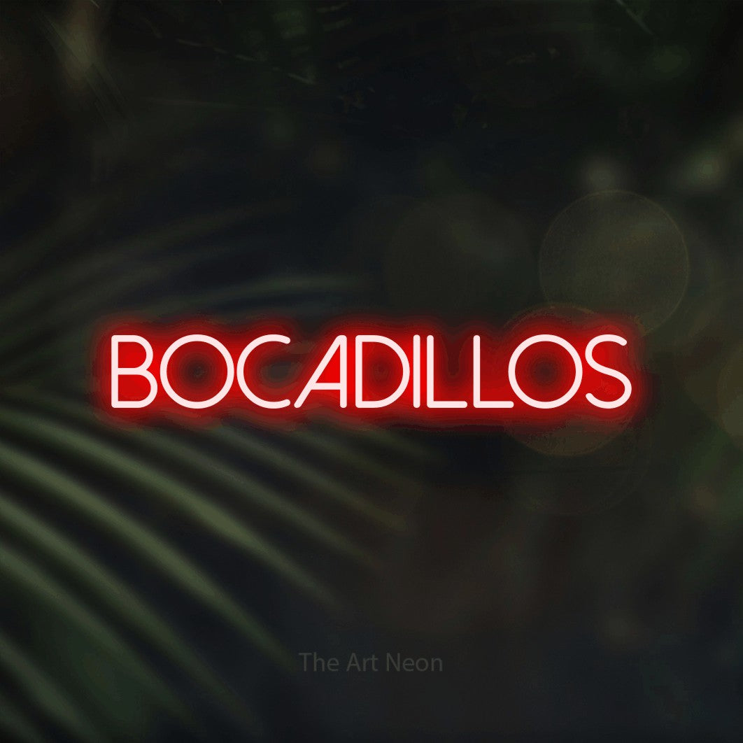 LED neon sign reading “BOCADILLOS”, arranged in a single line.