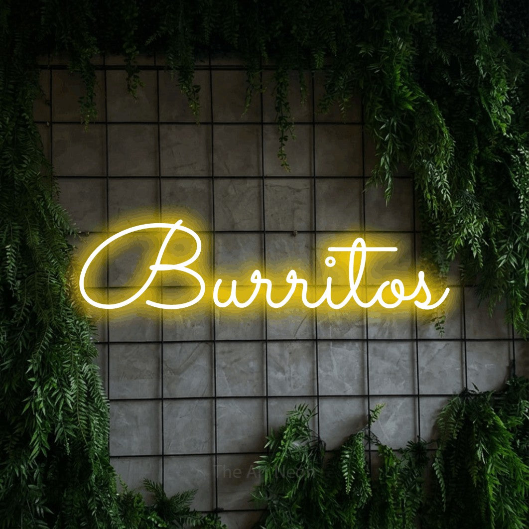LED neon sign reading “Burritos”, arranged in a single line.