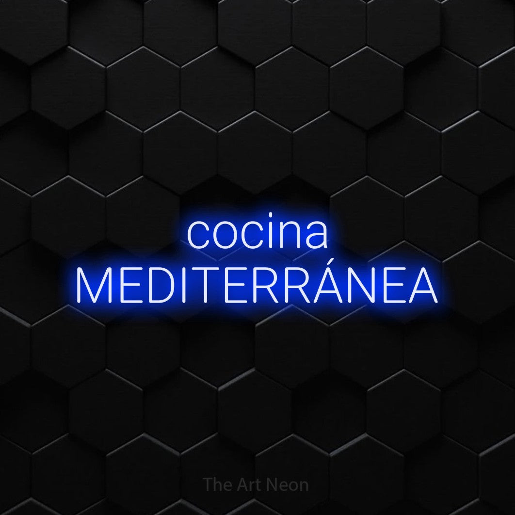 LED neon sign reading “cocina MEDITERRÁNEA”, arranged in 2 lines.