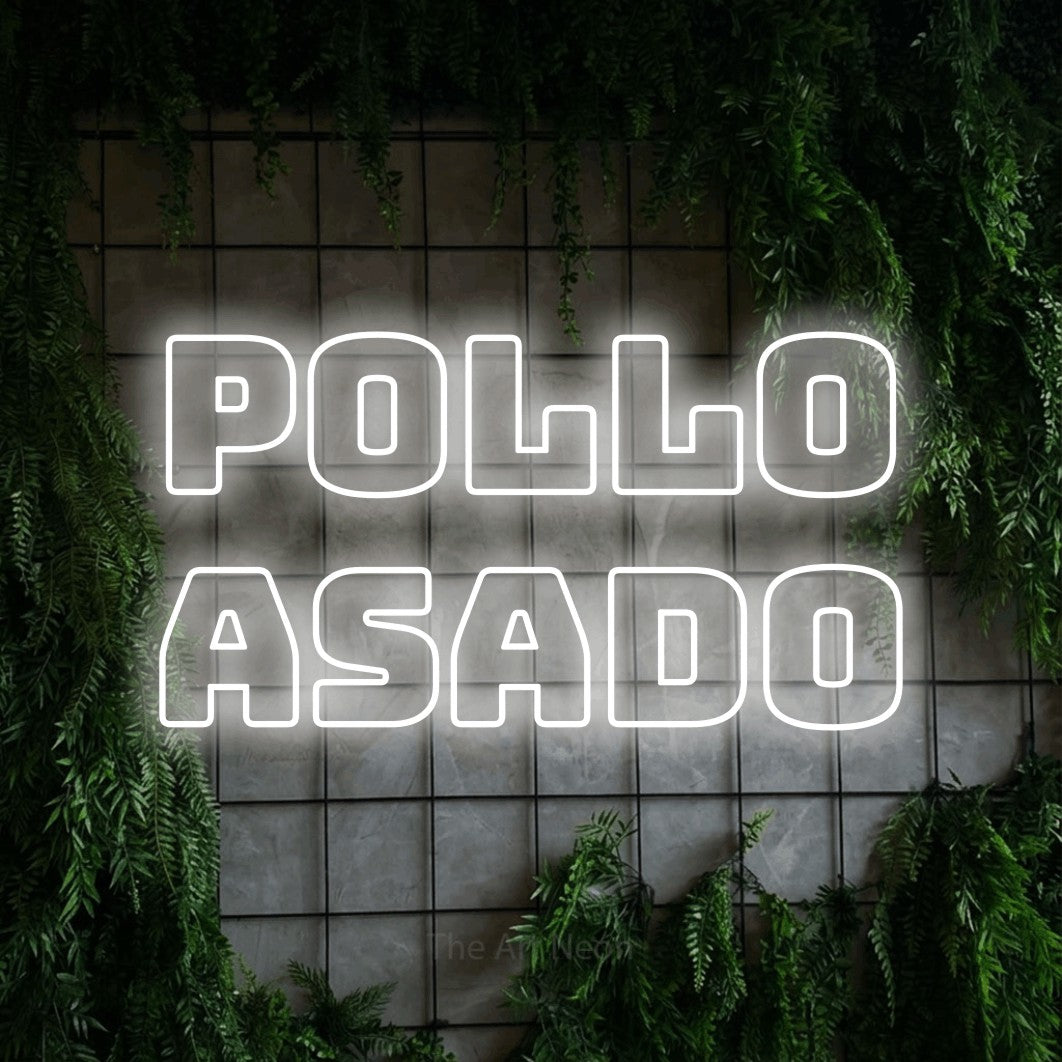 LED neon sign reading “Pollo Asado”, arranged in 2 lines.