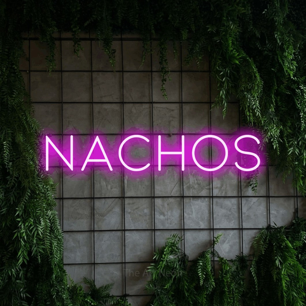 LED neon sign reading “NACHOS”, arranged in a single line.