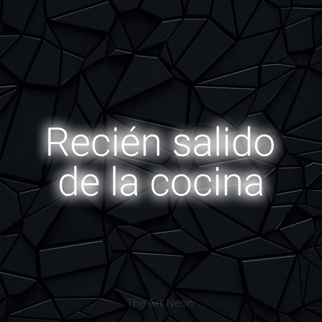 LED neon sign reading “Recién salido de la cocina”, arranged in 2 lines.