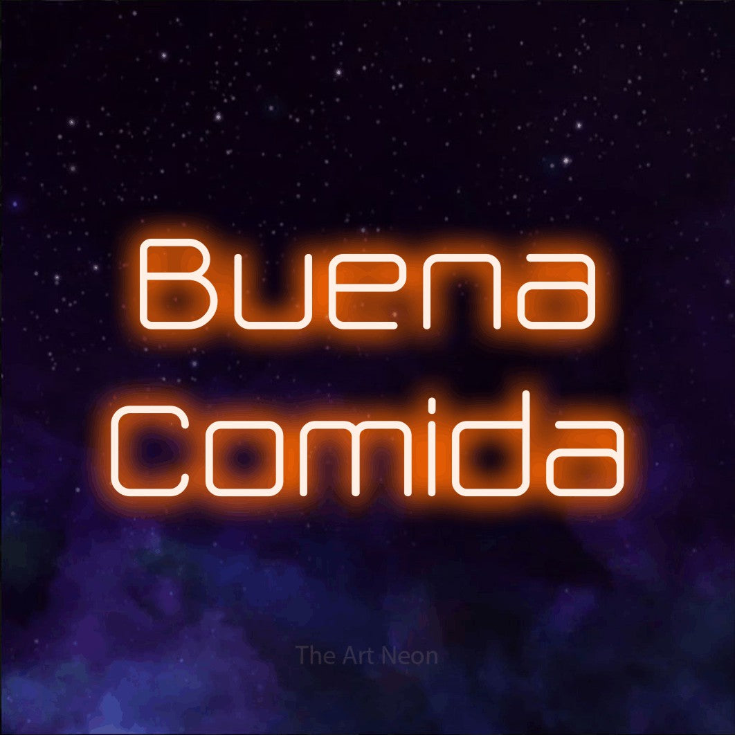 LED neon sign reading “Buena Comida”, arranged in 2 lines.