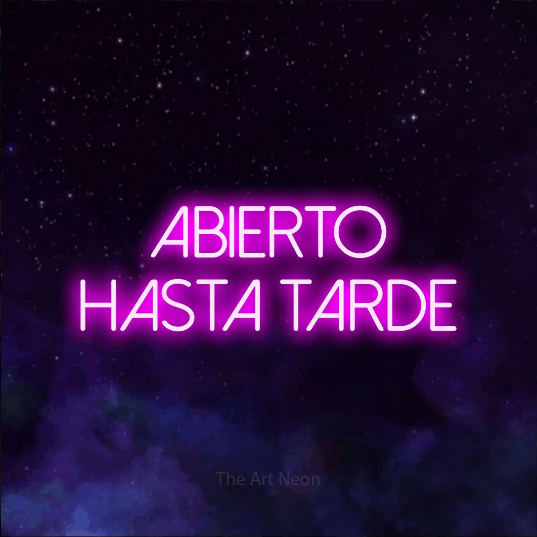 LED neon sign reading “ABIERTO hasta tarde”, arranged in 2 lines.