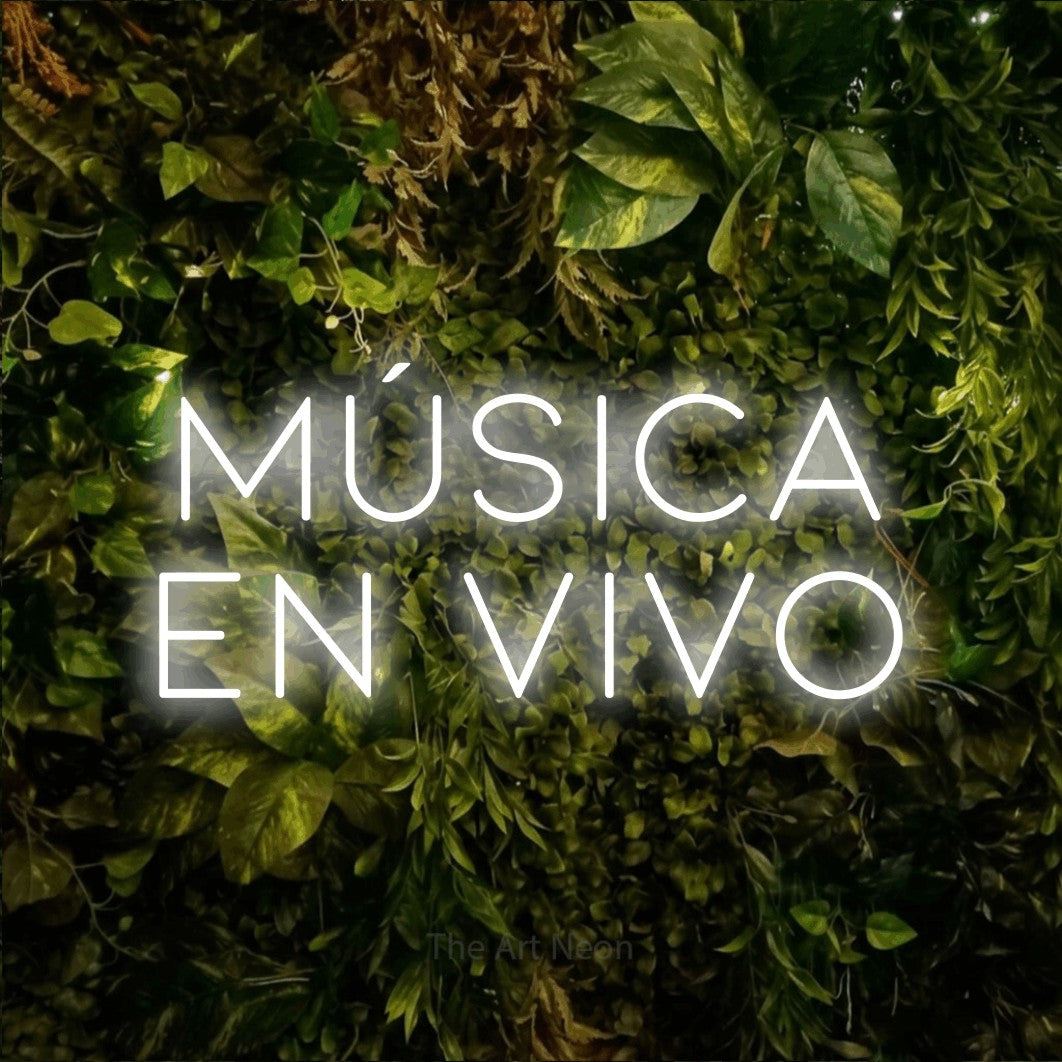 LED neon sign reading “Música en vivo”, arranged in 2 lines.