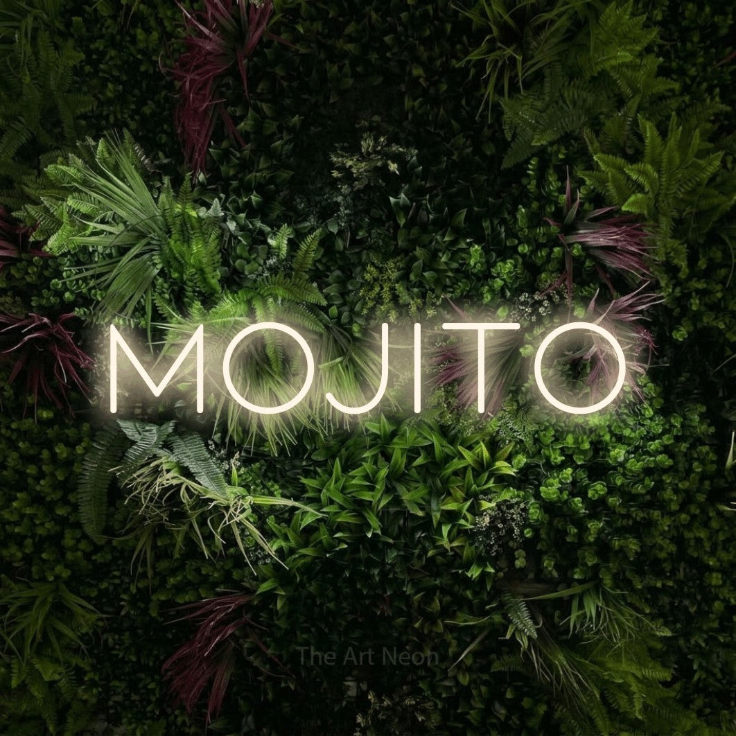 LED neon sign reading “MOJITO”, arranged in a single line.