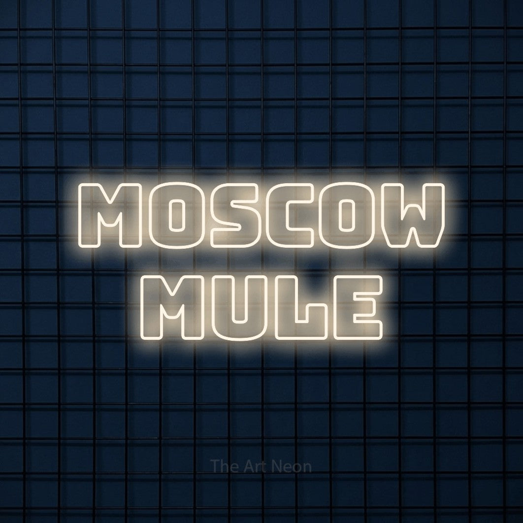 LED neon sign reading “moscow mule”, arranged in 2 lines.